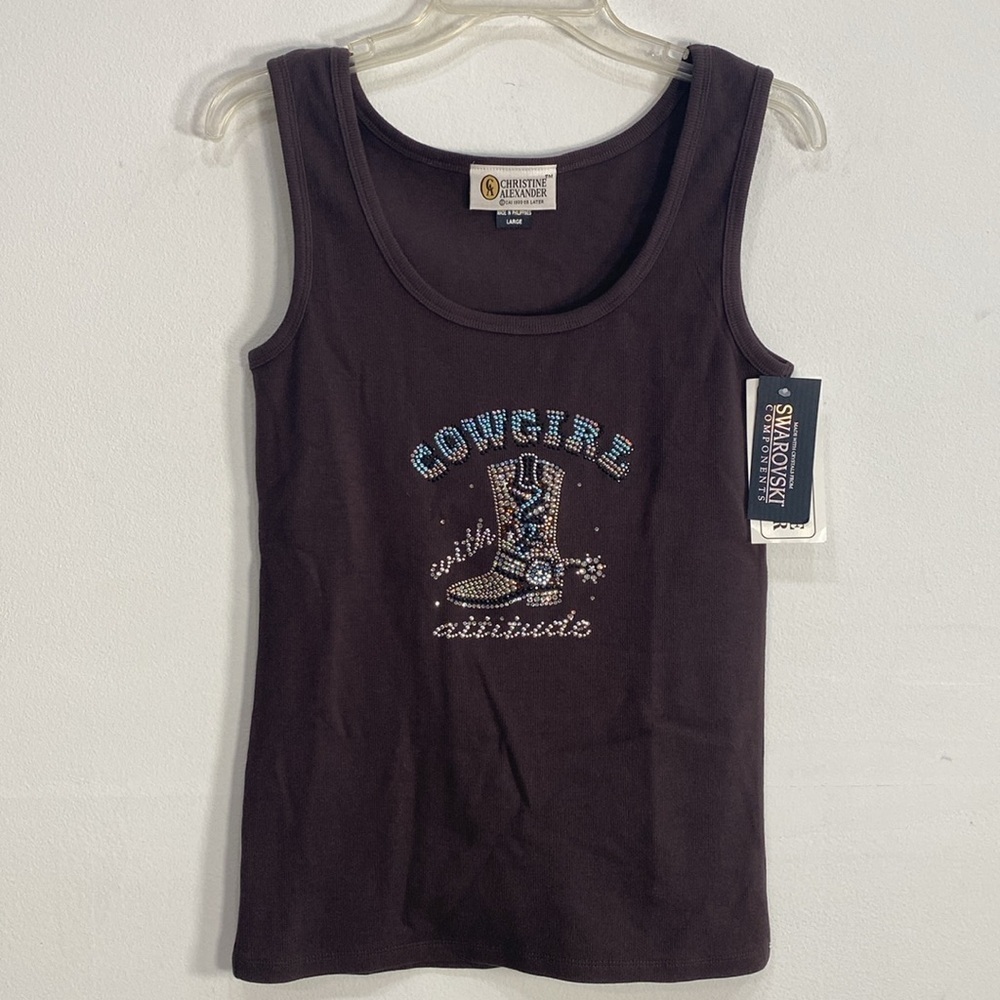 Vintage Western Ribbed Tank Top Boot Print Austrian Crystal Large